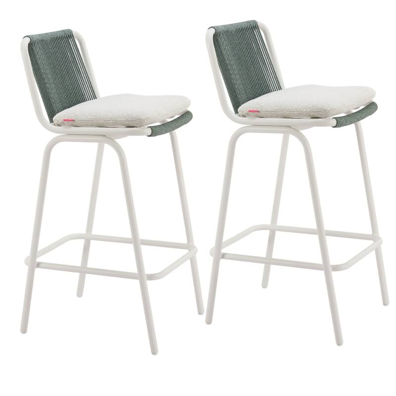 HomeRoots Set of Two White and Green Woven Back And Aluminum Counter Height Bar Chairs