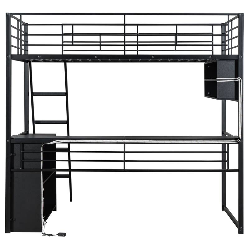 Full Size Loft Bed with Desk, LED Shelves, and Storage - Metal Frame with Guardrails and Ladder, Space-Saving Design for Teens