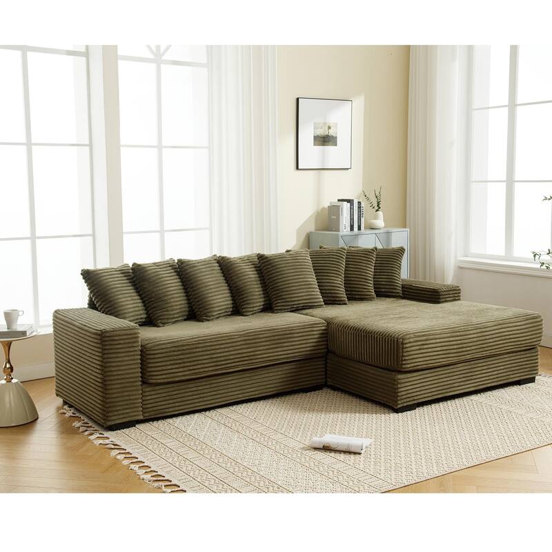 L Shaped Sectional Sleeper Sofa Corduroy Corner Sofa with Chaise Lounge and 8 Throw Pillows, Oversized Modular Daybed