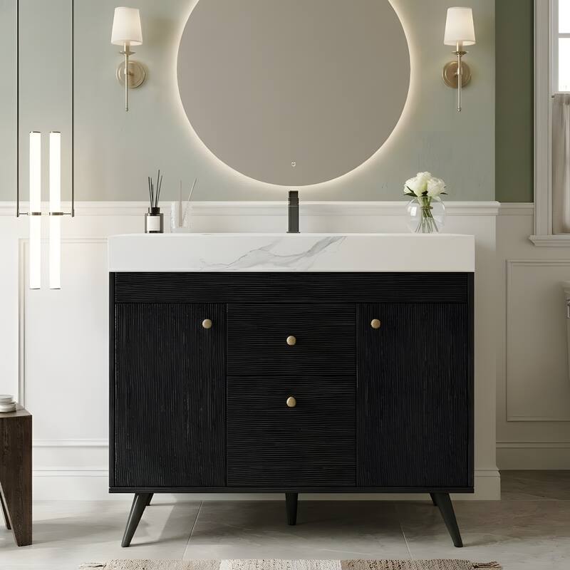 36" Modern Freestanding Bathroom Vanity with Sintered Stone Top, Ceramic Sink & Smart Storage - Black/Gold/White