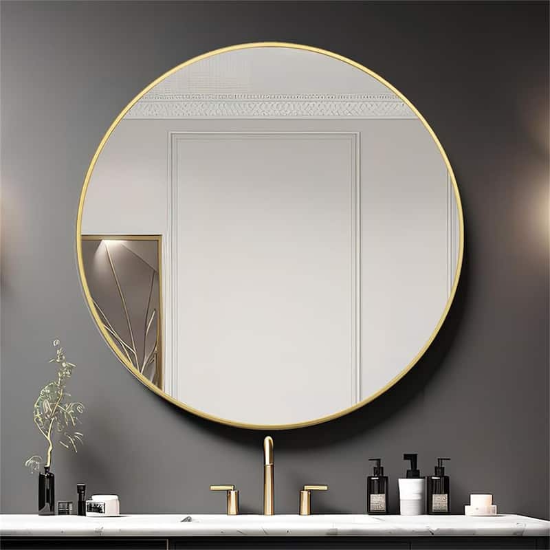 42" Metal Framed Round Mirror with Shatterproof Film and Hooks