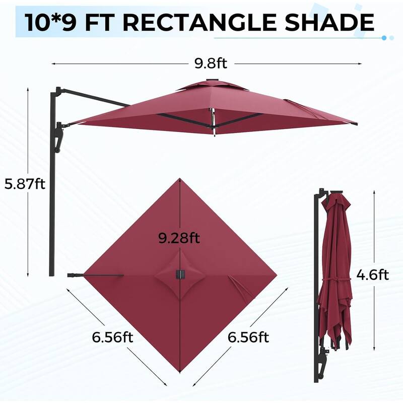 AECOJOY 10ft Solar LED Wall Mounted Outdoor Patio Umbrella, Rectangular Large Offset Cantilever Umbrellas with 180° Rotation