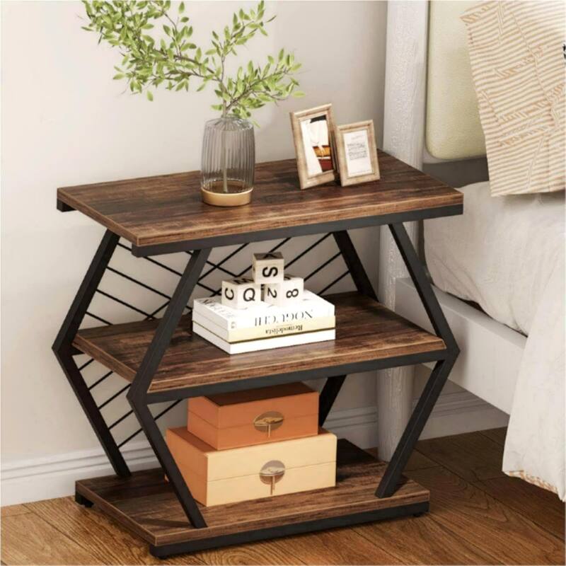25.6" Industrial 3-Tier End Table, Wood and Metal Side Table