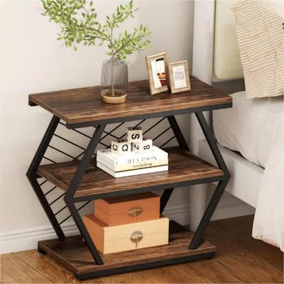 25.6" Industrial 3-Tier End Table, Wood and Metal Side Table