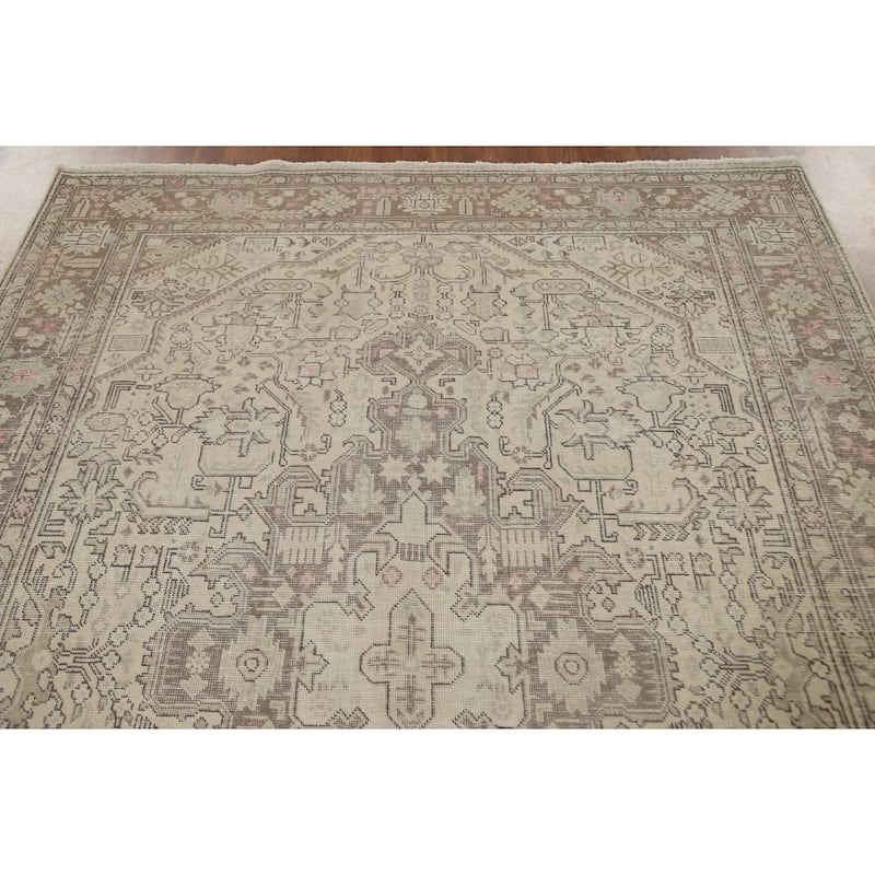 Distressed Beige Tabriz Persian Vintage Area Rug Handmade Wool Carpet - 6'7" x 9'6"