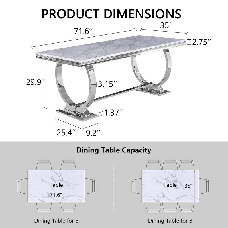 Luxury Dining Table with Polished Metal Circle Base - 72 Inch