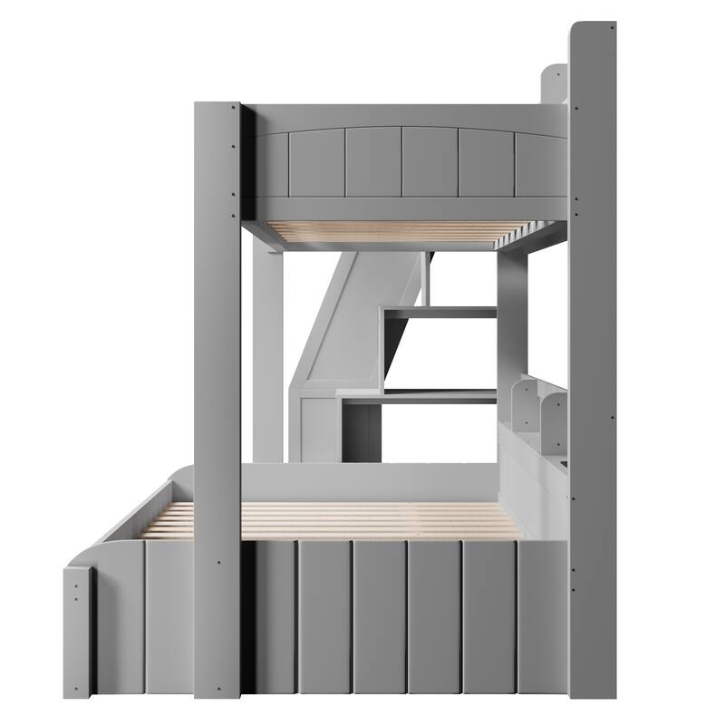 Roomfitters Twin Over Full Bunk Bed with Storage Staircase, Trundle, LED and USB