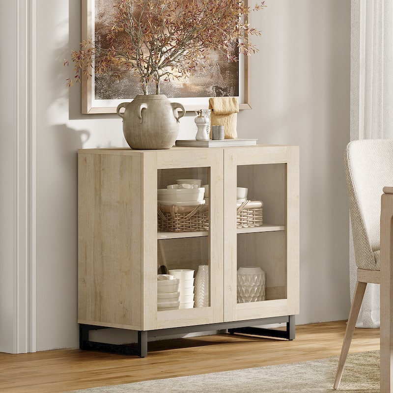 WAMPAT Multifunctional Sideboard Buffet Cabinets with Glass Doors, Modern Sideboard with Adjustable Shelf, Coffee Bar Cabinet - 1PCS - Beige