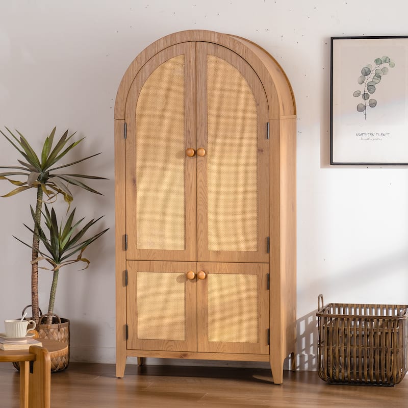 Arched Pantry Cabinet, 63.39" Rattan Storage Cabinet with Doors, Adjustable Shelves, Farmhouse Freestanding Cupboard for Kitchen