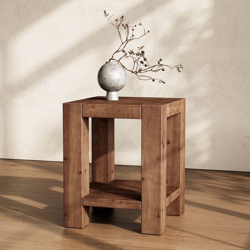 2-Tier Solid Wood End Table - Brown