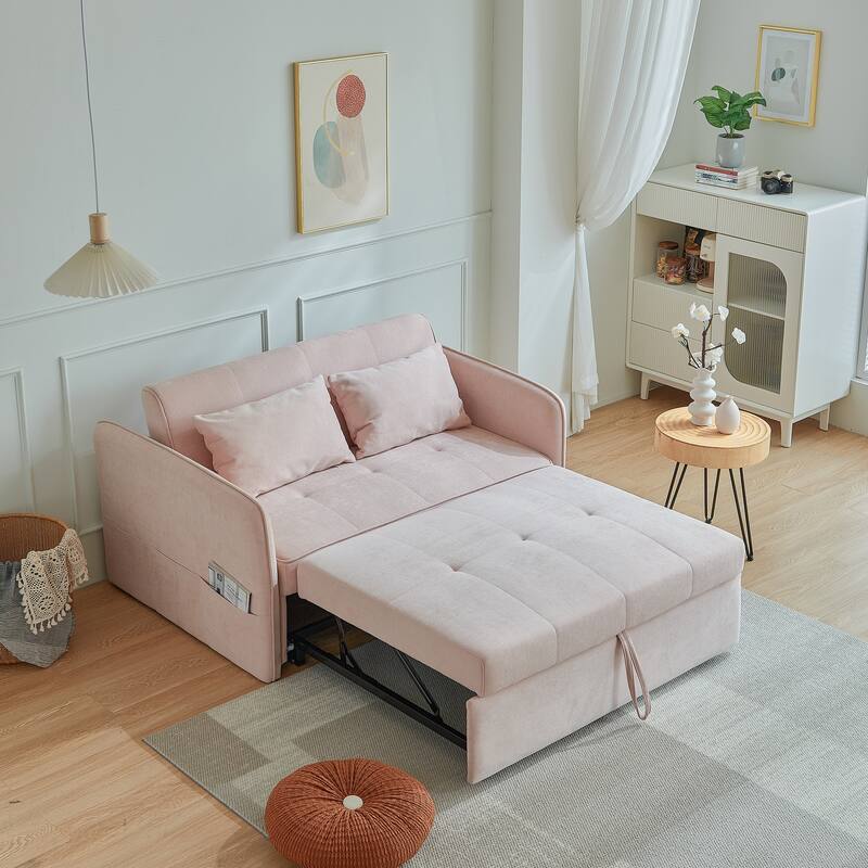 Chenille fabric pull-out sofa bed with adjustable armrests