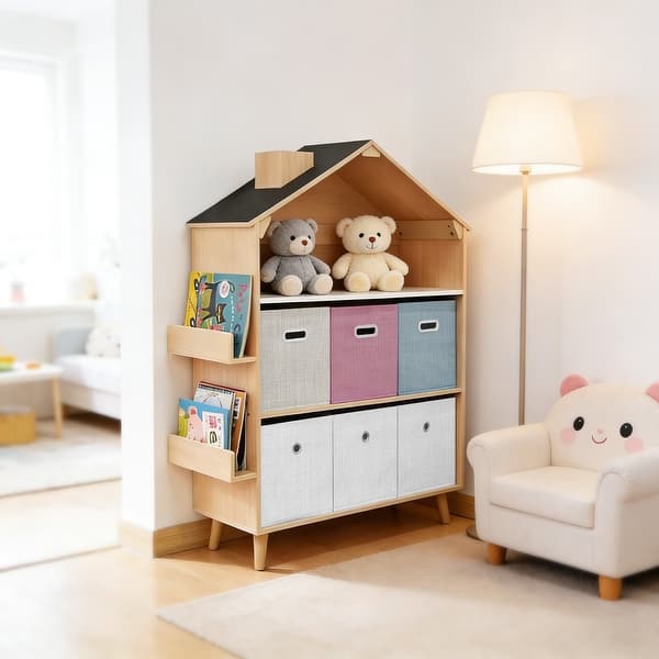 slide 2 of 15, Fortune Candy House-Shaped Kids Storage Cabinet with Fabric Bins, Multi-Compartment Toy & Book Organizer, Vertical Design