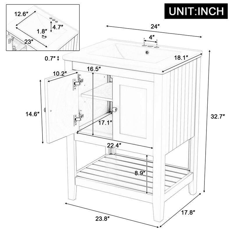24" Modern Sleek Bathroom Vanity Elegant Ceramic Sink