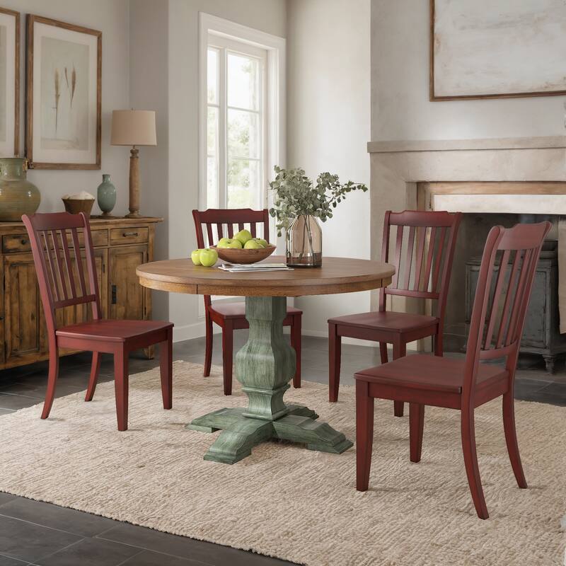 Ronda 45" Round Solid Wood Top Dining Set with Spindle Back Chairs - Antique Sage Green Table - Berry Red Chairs