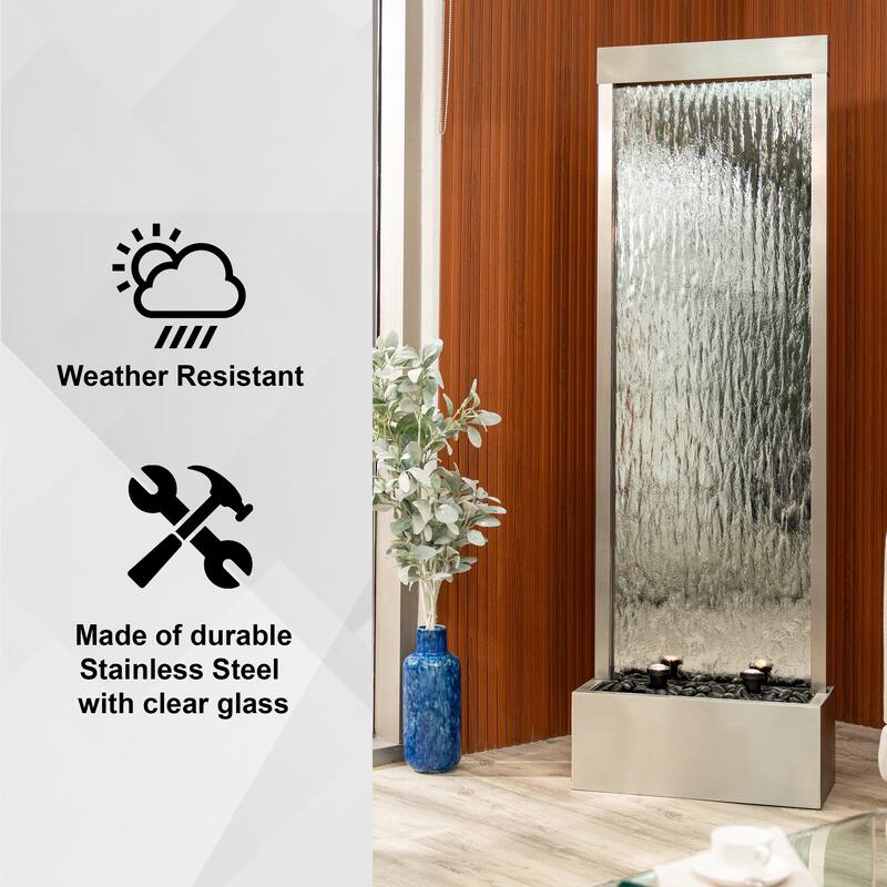 XBrand 68 in H Freestanding Waterfall Fountain, LED Lights & Auto-Shut Off Pump, Stainless Steel/Mirror Glass,Silver Frame