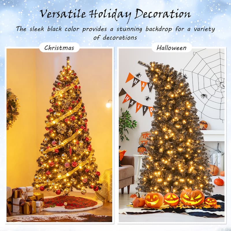 Gymax 6/7 FT Artificial Halloween Tree Pre-Lit Black Christmas Tree w/