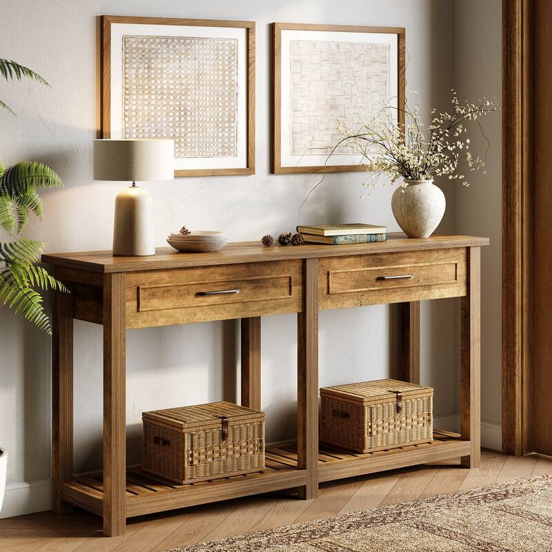 Console Table with Drawers & Storage Shelf, Long Entryway Table, Sofa/Couch Table for Living Room, Hallway, Entrance, Foyer - Brown