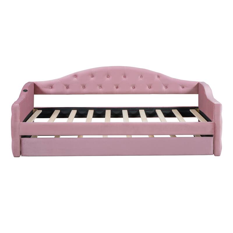 Tufted Upholstered Daybed with Trundle, USB and Type-C Charging Ports