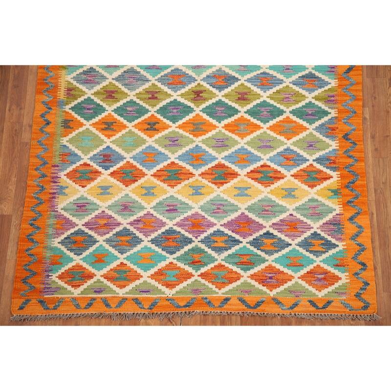 Hand Woven Oriental 100% Wool Carpet Southwestern Geometric Multi-Colored Kilim Area Rug - 6' 1'' X 5' 0''
