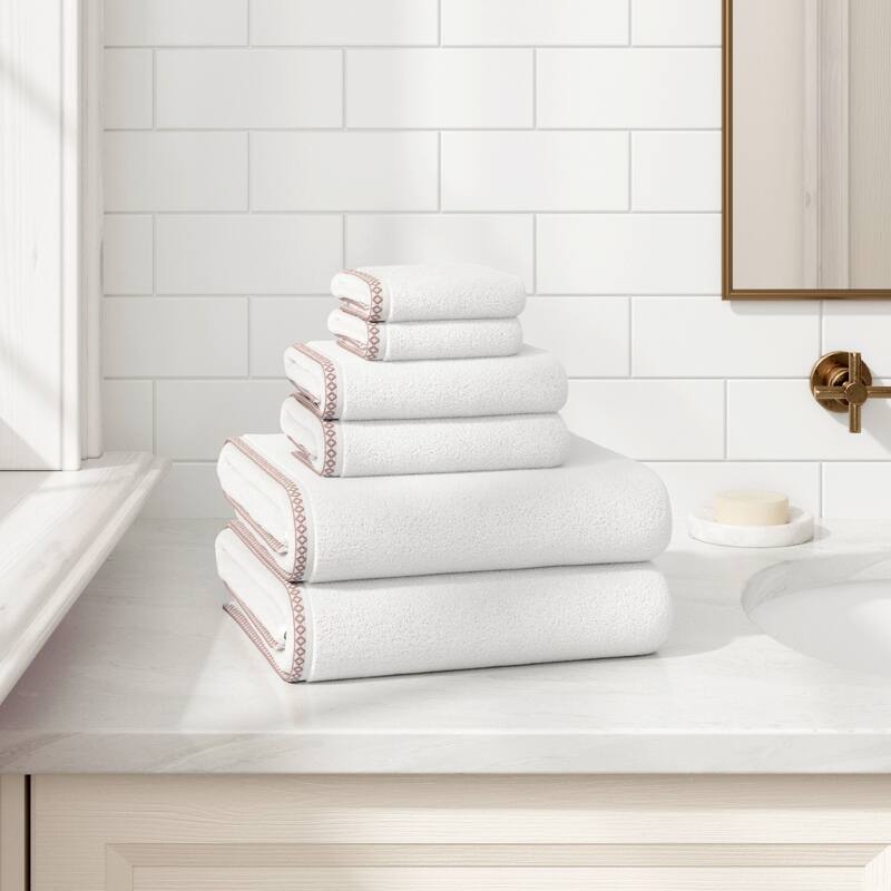 Linery & Co. Quick-Dry Cotton and Decorative Border Towel Set - White / Rosewood - 6 Piece Set