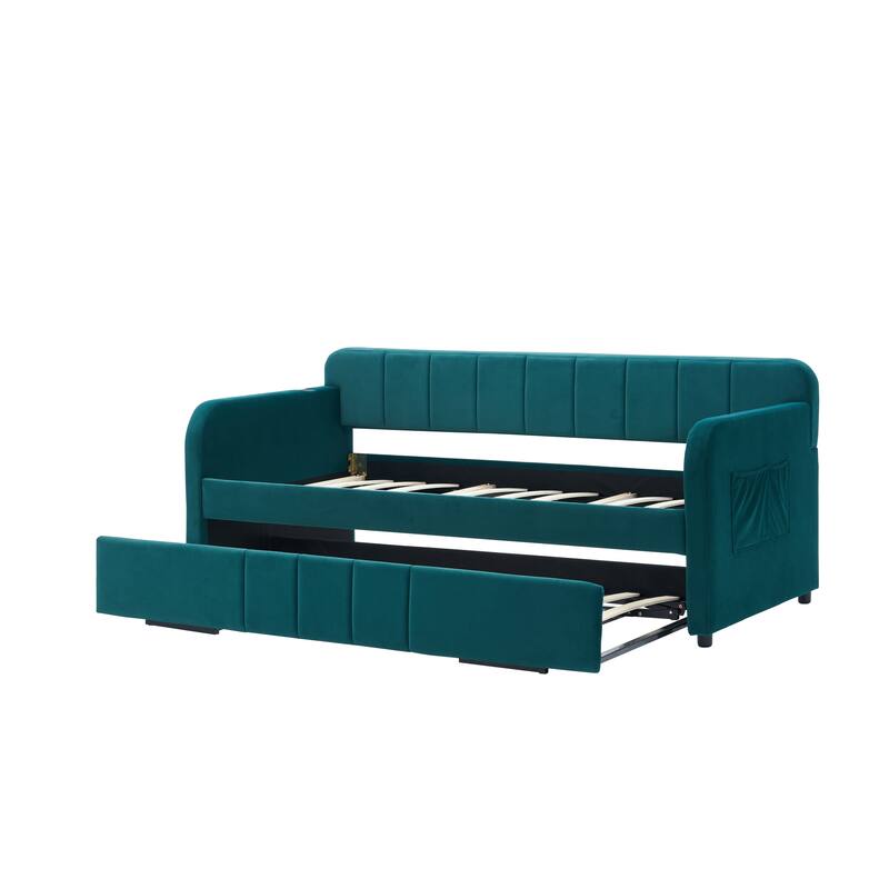 Twin Size Velvet Upholstered Daybed, Wood Sofa Bed Frame Daybed Couch with Trundle Bed and Wood Slat