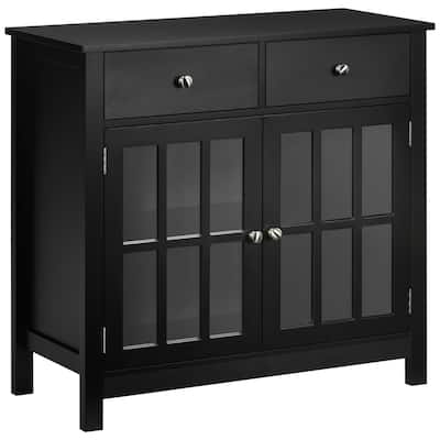 Accent Kitchen Cabinet with Glass Doors, Adjustable Shelf and 2 Drawers