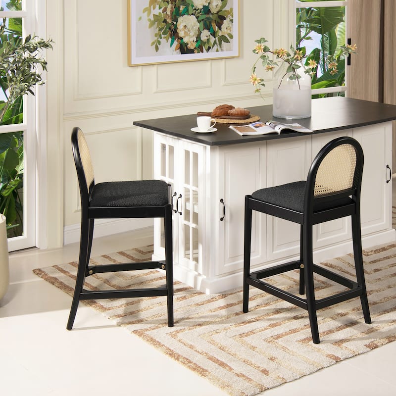 Panama Arched Cane Rattan Counter and Bar Stool (Set of 2) - Set of 2 - Ebony Black Boucle - Counter Height