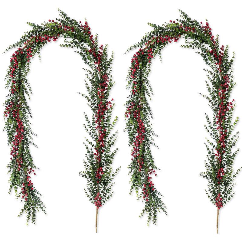 Glitzhome 9ft/6ft Christmas Greenery PE Dripping Eucalyptus Garland & 28"D Wreath with Red Berries - Set of 2 - "9ft Garland"