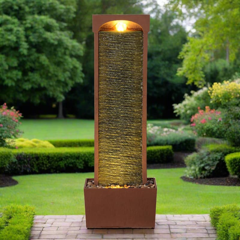 Teamson Home Modern Curved Faux Slate Waterfall Fountain with LED Lights - Indoor Outdoor Decor