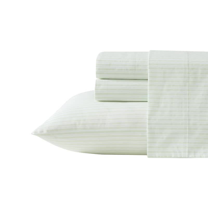 Laura Ashley Soft & Breathable Cotton Percale Deep-Pocket Sheet Set - Twin - Bedford Skinny Stripe Green
