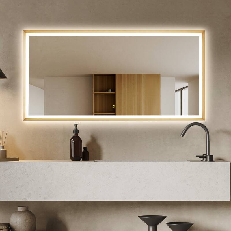 Apollo Rectangular Anti-Fog Dimmable Modern Bathroom/Vanity LED Lighted Wall Mirror in Brushed Gold Aluminum Framed