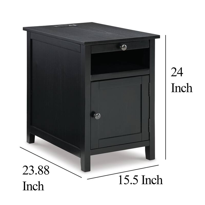 Gena Side End Table, Shelf and Pull Out Tray, Black Solid Wood 24 Inch
