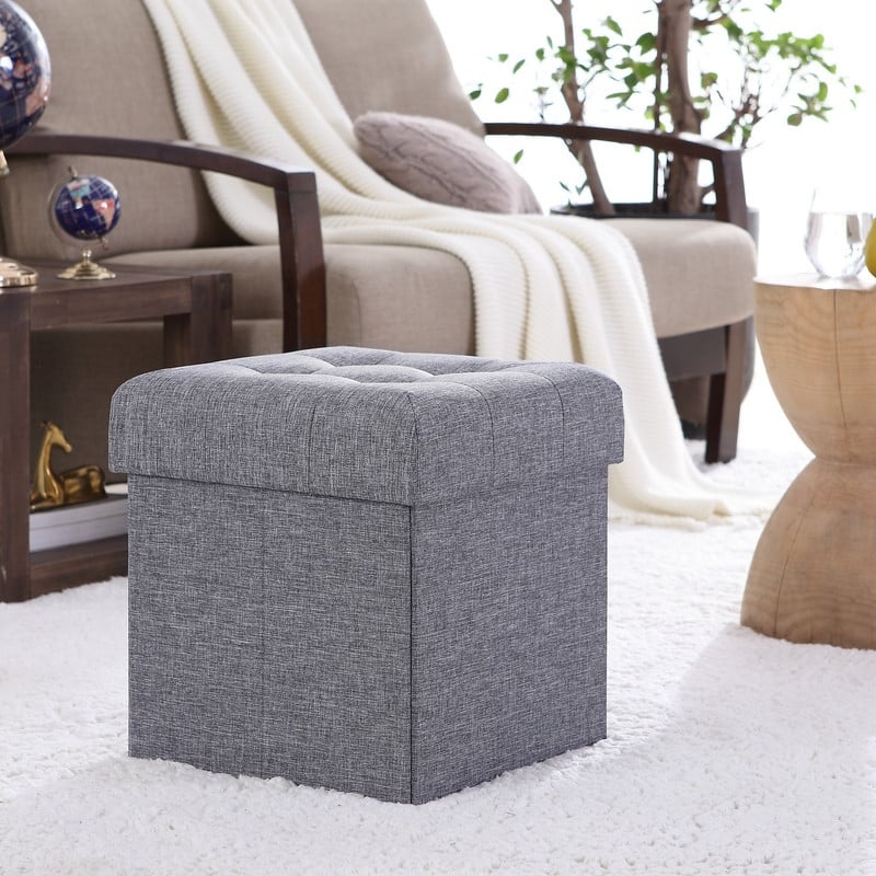 Foldable Tufted Linen Storage Ottoman