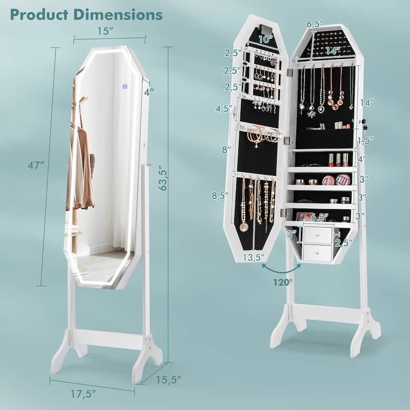 Costway Standing Jewelry Cabinet Armoire Organizer LED Light Mirror - See Details
