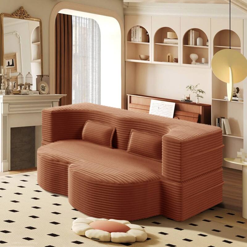 Modern 78" Full Size Convertible Corduroy Foam-Filled Sleeper Sofa,Modern Floor Sofa with 2 Pillows