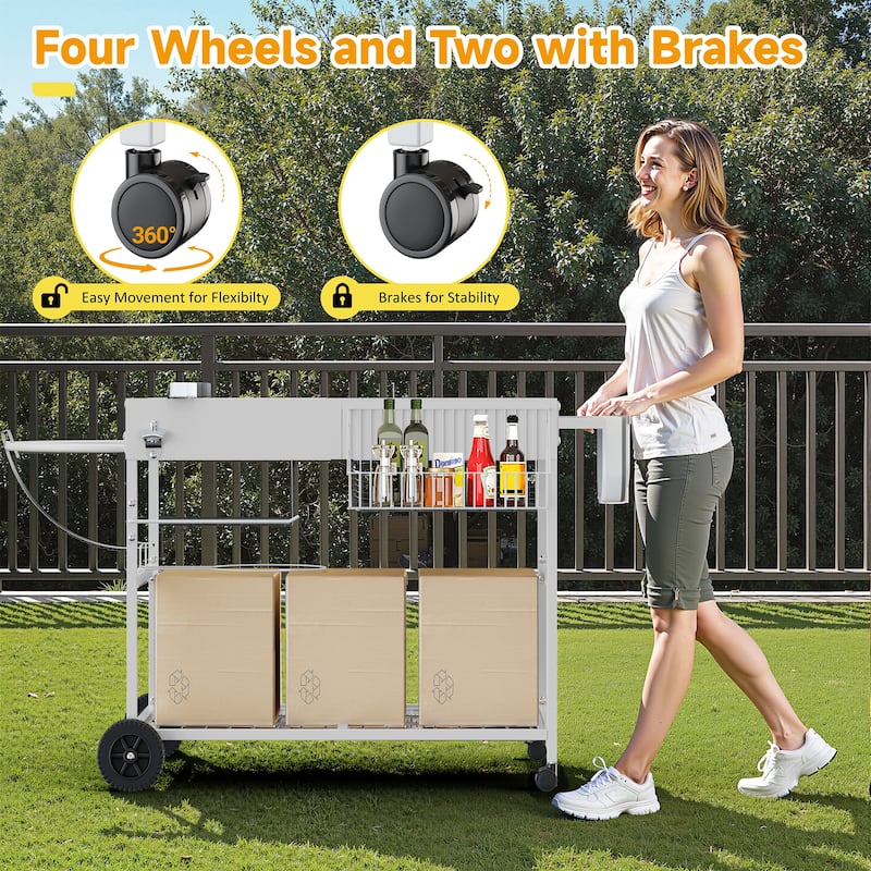 Outdoor Metal Bar Cart with Lid Holder & Storage, Rolling Grill Cart - N/A