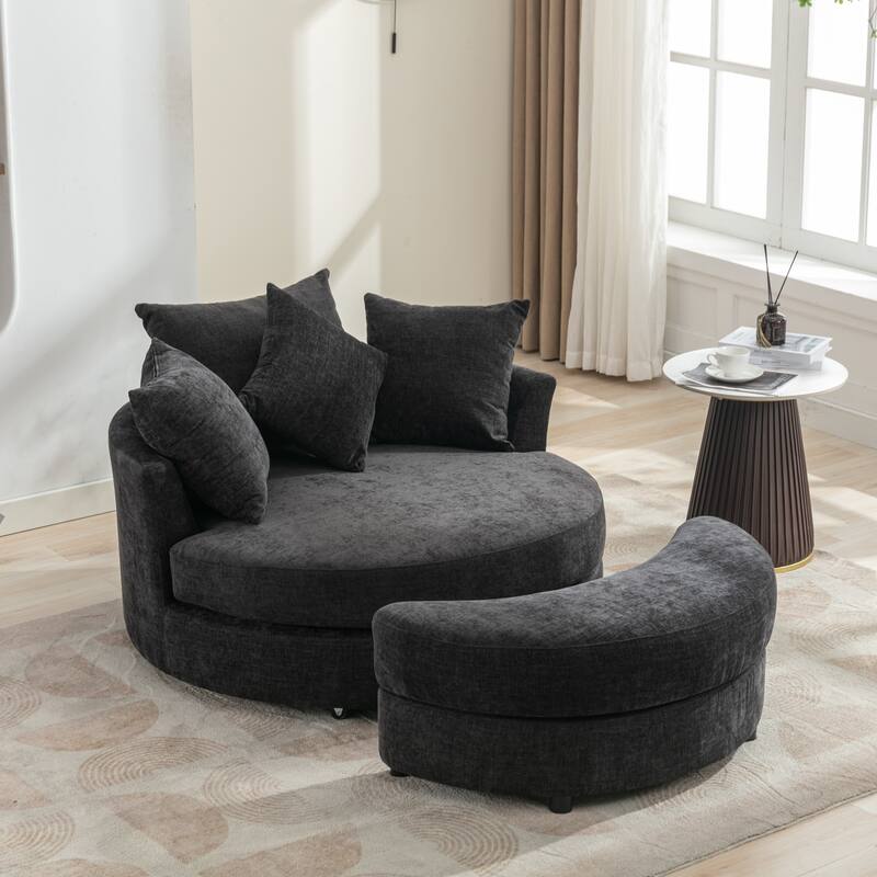 Modern Chenille Swivel Barrel Chair with Storage Ottoman and 4 Pillows - Grey