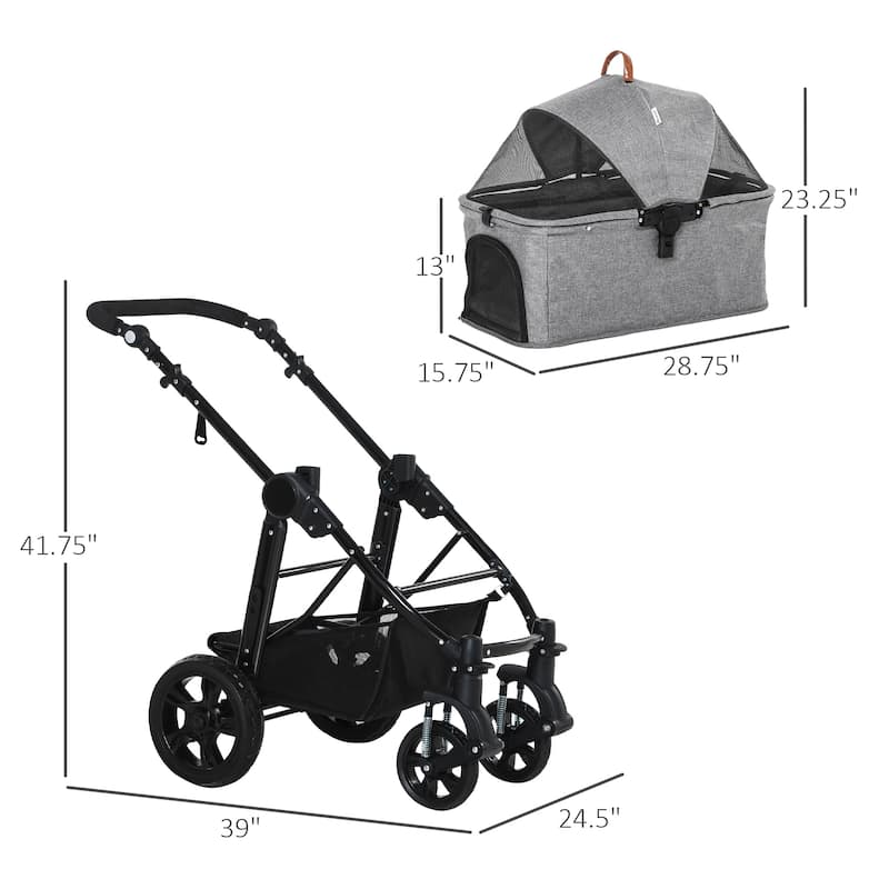 PawHut Dog Stroller with Adjustable Canopy Safety Leashes and Carrying Bag, Grey
