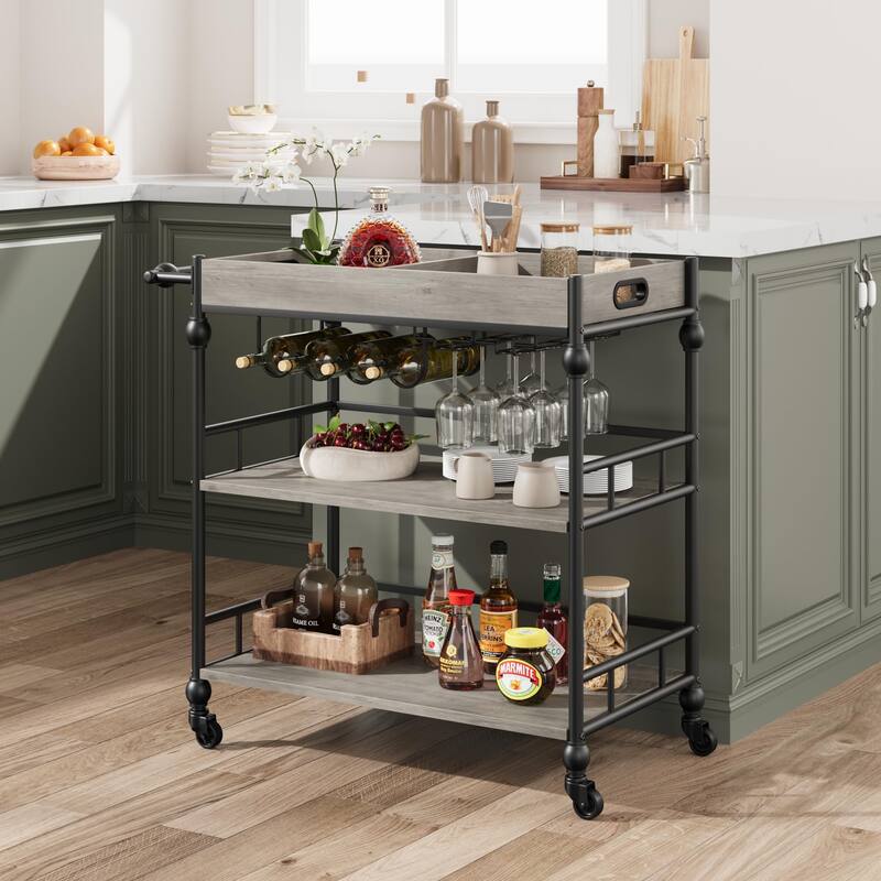 Farmhouse 3 Tier Bar Cart with Removable Tray for Kitchen - 15.7"D x 35.4"W x 34.1"H