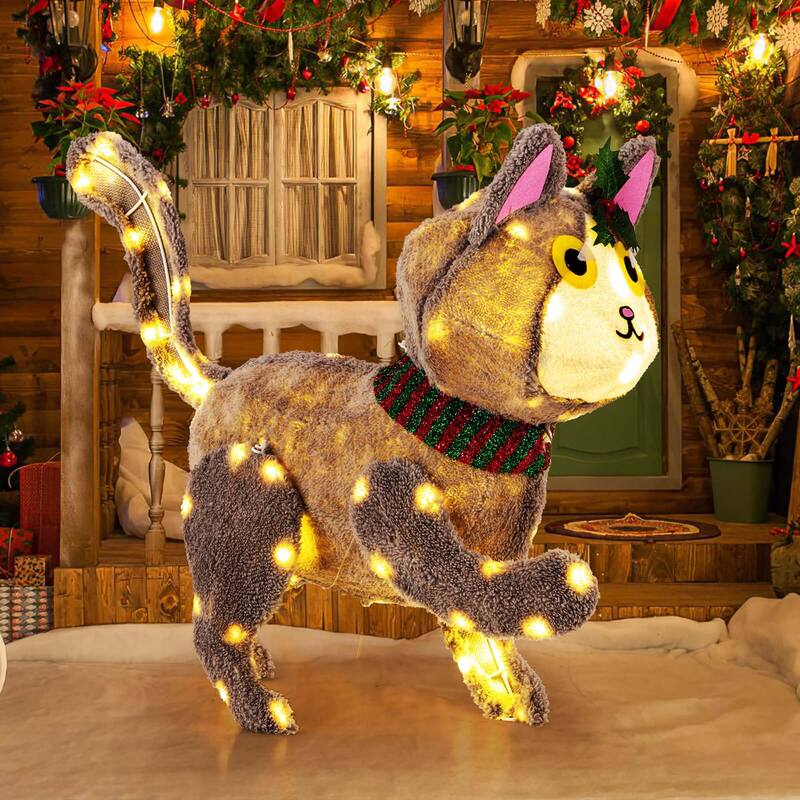 Costway Lighted Christmas Cat with 88 LED Lights 4 Ground Stakes Cable - as pic shows - See Details