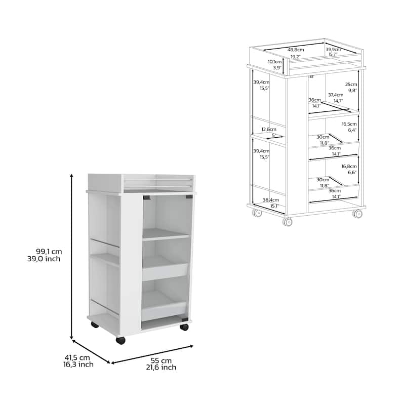 Bar Cart with Glass Door, 2-Side Shelves and Casters