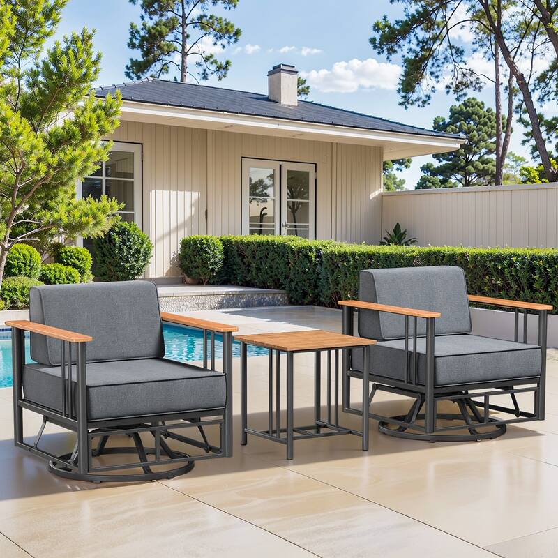 Pocassy Outdoor 3PCS Swivel Chairs Table with 6 Inch Dark Black Cushion - Black & Dark Grey Cushion