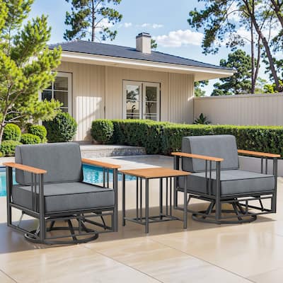 Pocassy Outdoor 3PCS Swivel Chairs Table with 6 Inch Dark Black Cushion