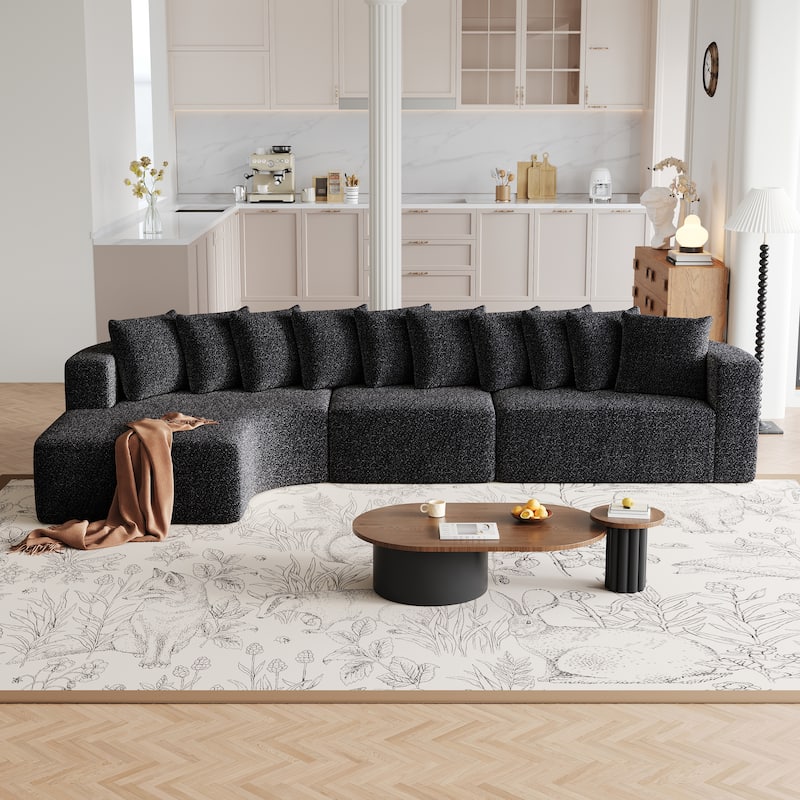 Chenille L-shaped Sectional Sofa with Curved Chaise Lounge and Piloows - Black