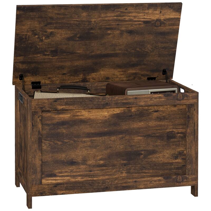 29.9" Wood Storage Box with 2 Safety Hinges and Side Handles