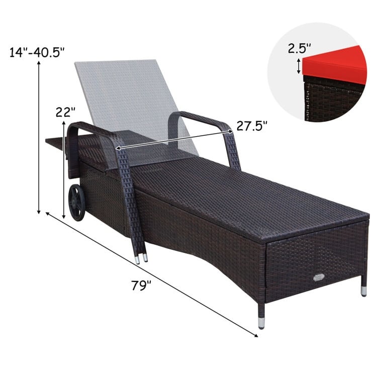 Outdoor Cushioned Wicker Chaise Lounger with Adjustable Backrest - 79.0" x27.5" x 21"(L x W x H)