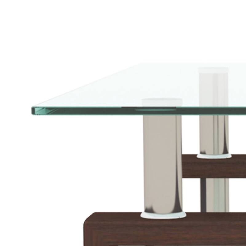 Modern Minimalist Rectangular Coffee Table with Glass Top and Bottom Shelf