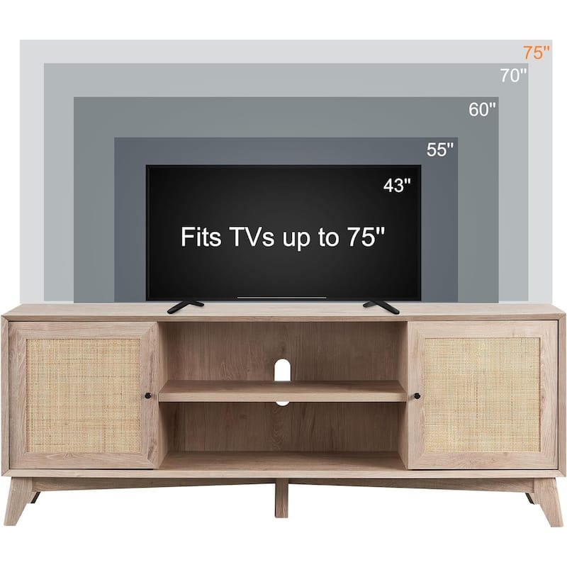 Mid-Century Modern Rattan TV Stand for 75'' TV, Entertainment Center