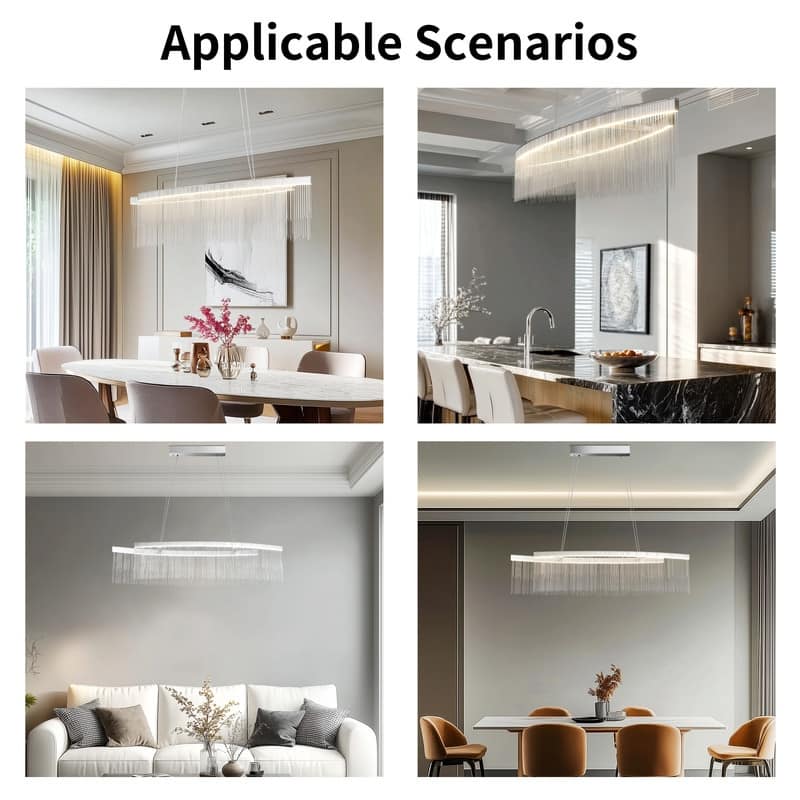 Rectangular Aluminum Tassels Chandelier Linear Ceiling Light Fixture Over Kitchen Island, 3 Colors Lighting - Chrome Silver
