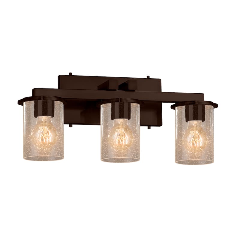 Justice Design Fusion Dakota 3-light Dark Bronze Bath Bar, Seeded Cylinder w/ Flat Rim Shade